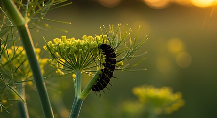 Caterpillar on plant with yellow flowers under warm sunlight environment