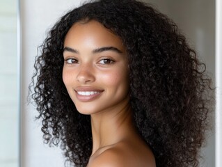 Happy young woman in bathroom enjoying daytime portrait