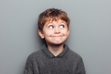 Mischievous Boy with Grin Looking Sideways on Light Grey Background