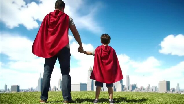 Superdad and child boy  share walk in glowing park at sunset city landscape Father's day 
