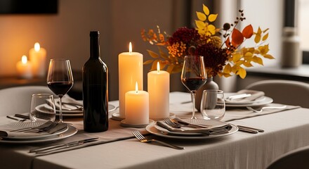 Elegantly set dining table with wine glasses, candles, floral arrangement, and a bottle of red wine