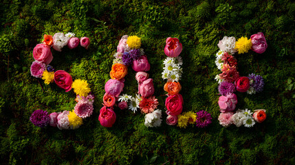 spring floral sale sign with colorful blossoms on grass