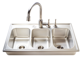  
A Gleaming White Kitchen Sink With Three Compartments and a Modern Chrome Faucet  isolated on White Background ,PNG. AI Generated