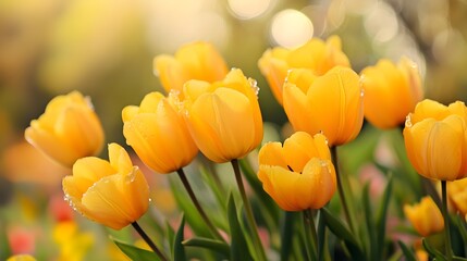 Obraz premium Yellow Tulips Spring Flowers Dew Drops Garden Bloom