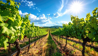 Naklejka premium Vibrant Vineyard Rows Bathed in Golden Sunlight Under a Clear Blue Sky with Fluffy Clouds