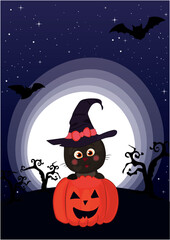 Cute black cat wearing a witch hat with a pink bow sits on a carved pumpkin under a starry night sky with bats and spooky trees, illuminated by a glowing full moon.