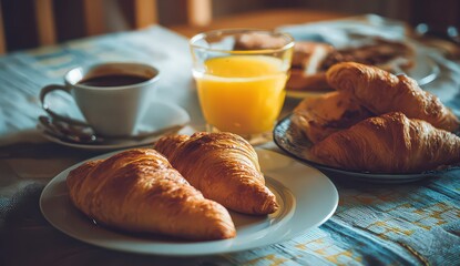 Close Up of Breakfast Spread Including Croissants Coffee and Orange Juice on Table