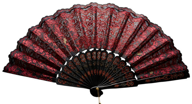 Ornate red lace fan with intricate patterns