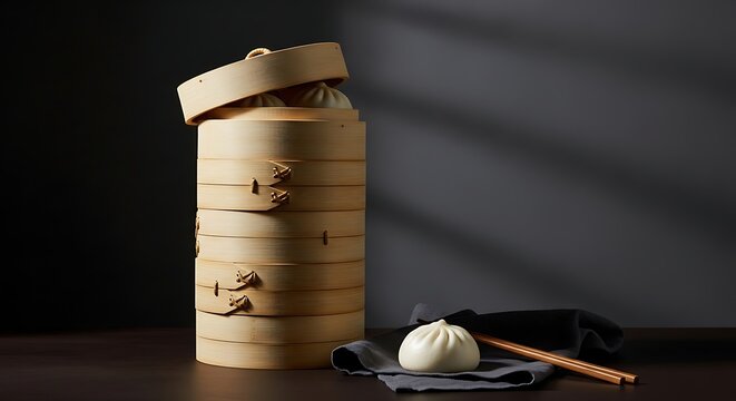 A Tower of Bamboo Steamers and a Solitary Dumpling Bathed in Dramatic Light.