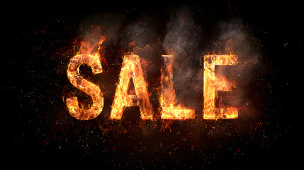 burning fiery sale letters with glowing flames and sparks