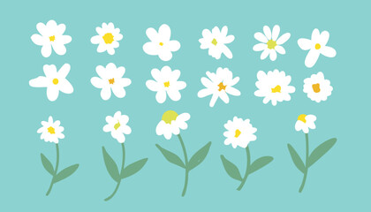 Collection of simple hand drawn white daisies with yellow centers and green stems on a light blue background.
