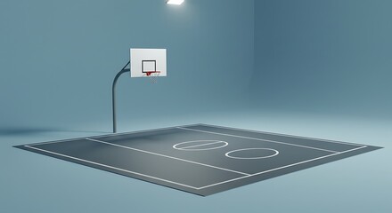Basketball court with hoop and lines against a pale blue background