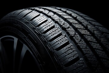 Close-up of New Car Tire on Black with Copy Space