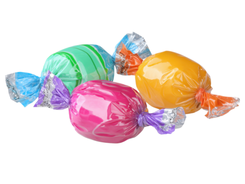 Group of Colorful Wrapped Candies in Green Orange Pink Tones Sweet Treat Assortment Transparent Background Sugar Indulgence Childhood Delights Celebration Confectionery