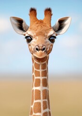 Naklejka premium Adorable 3D Render of Baby Giraffe with Big Eyes Against a Soft Blue Sky Background in Gigapixel Quality