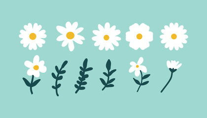 Collection of simple hand drawn white daisies with yellow centers and green stems on a light blue background.