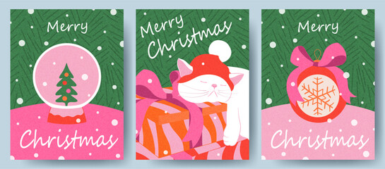 Merry Christmas greeting card set. Modern Xmas design with typography and Christmas items, cute cat with gifts. Trendy hand drawn illustration for season banner, poster, cover. 