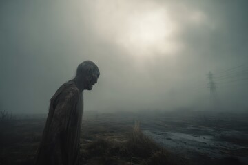 Close-up of Zombie in Desolate Foggy Post-Apocalyptic Landscape