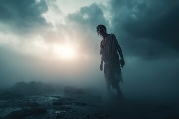 Fototapeta premium Close-up of Zombie in Desolate Foggy Post-Apocalyptic Landscape