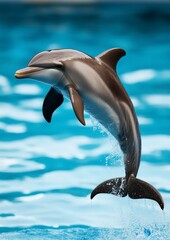 Obraz premium 3D Render of a Baby Dolphin Leaping Gracefully Out of Water in a Clear Blue Pool Environment