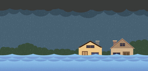 Flood natural disaster with house, heavy rain and storm , damage with home, clouds and rain, flooding water in city, Flooded house.