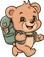 Cartoon Bear Cub Hiker with Backpack