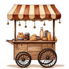 wagon, portable food cart, pastry stand, cafe cart, tea cart, snack cart, street market, sweet shop cart, 