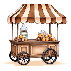 wagon, portable food cart, pastry stand, cafe cart, tea cart, snack cart, street market, sweet shop cart, 