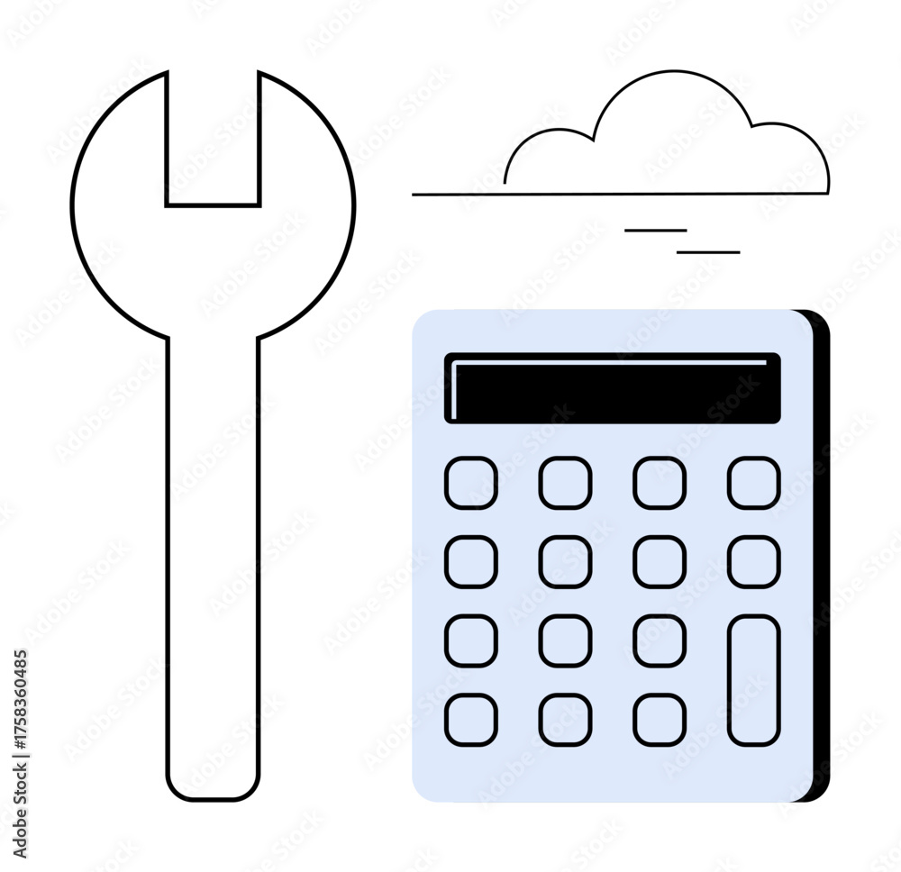 Wall mural large wrench beside a calculator under a cloud with subtle lines. ideal for engineering, technology,