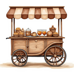 wagon, portable food cart, pastry stand, cafe cart, tea cart, snack cart, street market, sweet shop cart, 