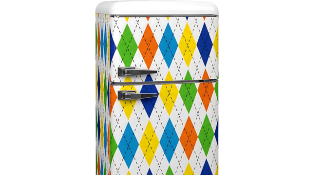 Retro refrigerator with colorful diamond pattern