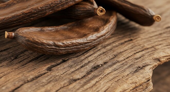 Close up of carob pods on textured wood surface studio shot