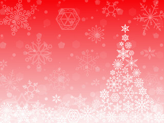 雪の結晶とツリーの背景。ベクター画像の赤いクリスマス用壁紙。Snowflake tree background. Red Christmas wallpaper.