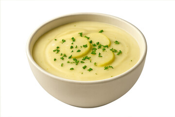 Potato cream soup with fresh parsley on transparent background