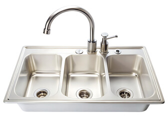  
A Gleaming White Kitchen Sink With Three Compartments and a Modern Chrome Faucet  isolated on White Background ,PNG. AI Generated