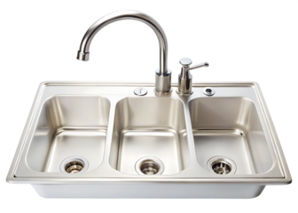  
A Gleaming White Kitchen Sink With Three Compartments and a Modern Chrome Faucet  isolated on White Background ,PNG. AI Generated
