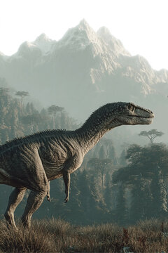 Afrovenator roams a prehistoric landscape filled with forests and towering mountains