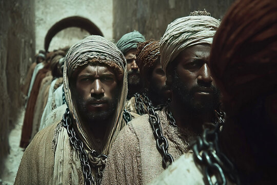 Slaves in chains at the Arab slave market of antiquity during the Middle Ages