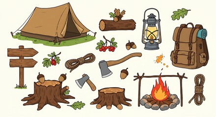 Camping adventure illustration featuring tent fireplace and outdoor elements