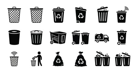 Collection of various trash cans and recycling bins