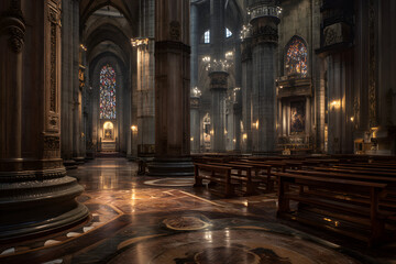 Obraz premium Captivating Interior of Duomo di Milano Showcasing Stunning Architecture and Light Play in Cinematic Style