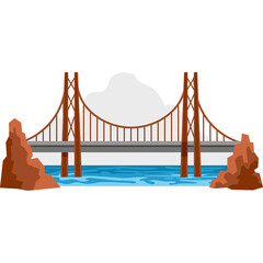 Stylized suspension bridge architecture crossing blue water with mountains in background on a clear day flat design vector illustration