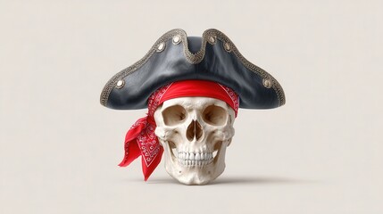 Naklejka premium A pirate-themed skull wearing a tricorn hat and a red bandana, evoking a sense of adventure and mystery.