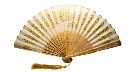 Elegant golden fan with intricate floral design and tassel
