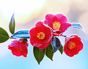 冬の寒い朝に咲いた椿の花