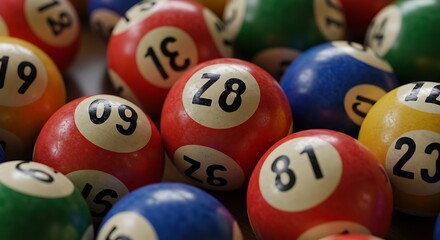 Close up of colorful billiard balls with numbers for leisure activities