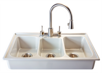  
A Gleaming White Kitchen Sink With Three Compartments and a Modern Chrome Faucet  isolated on White Background ,PNG. AI Generated