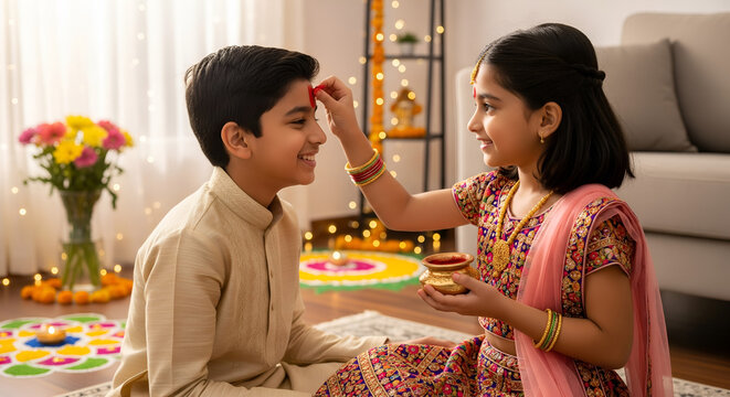 Brother & Sister Celebrating Bhaiya Dooj Festival with Tika Ceremony