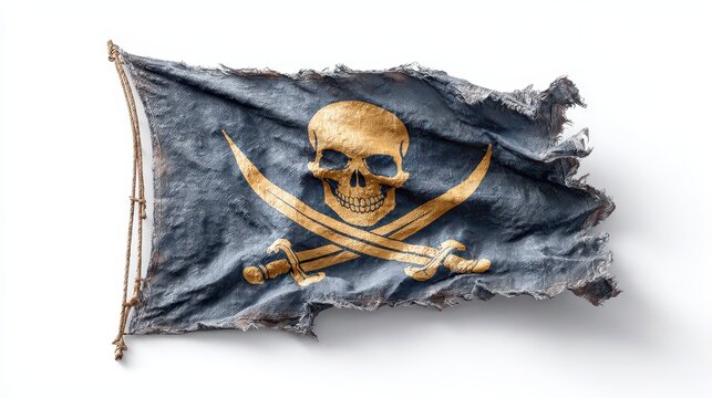 A weathered pirate flag featuring a skull and crossed swords, symbolizing piracy and adventure on the high seas.