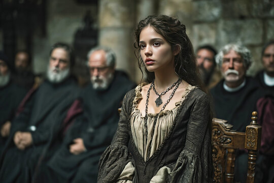 Young woman in rags stands before priests during witch inquisition in Middle Ages